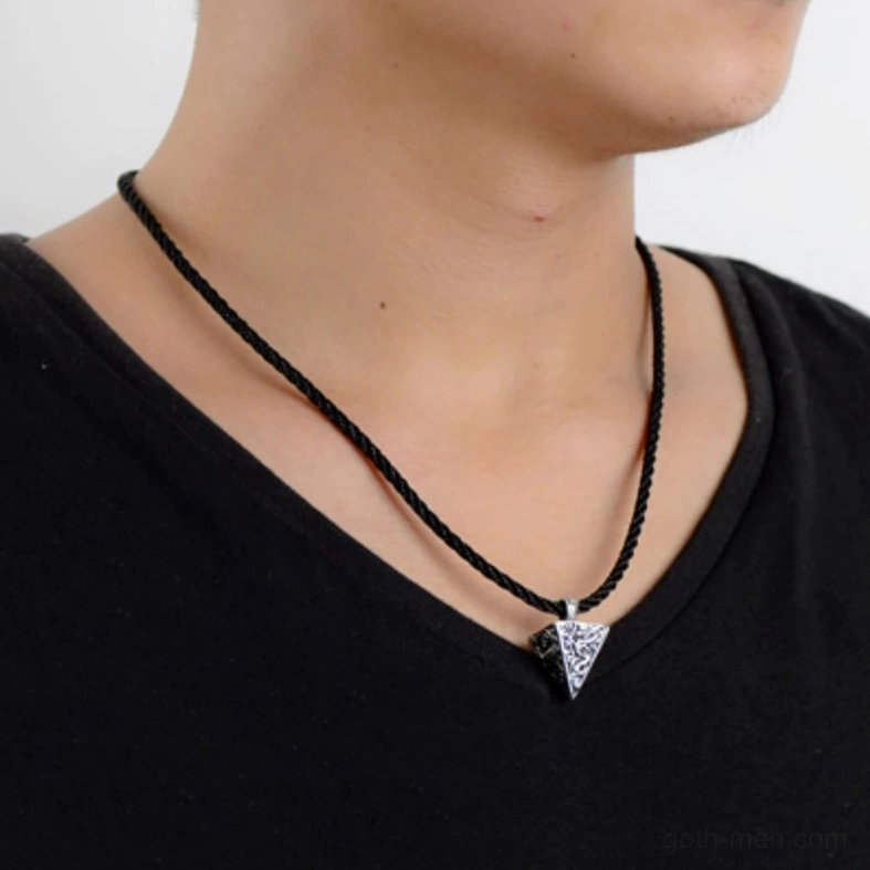 Vintage-inspired oxidized silver pyramid pendant featuring intricate bestiary animal carvings for dark aesthetic gothic necklace wear