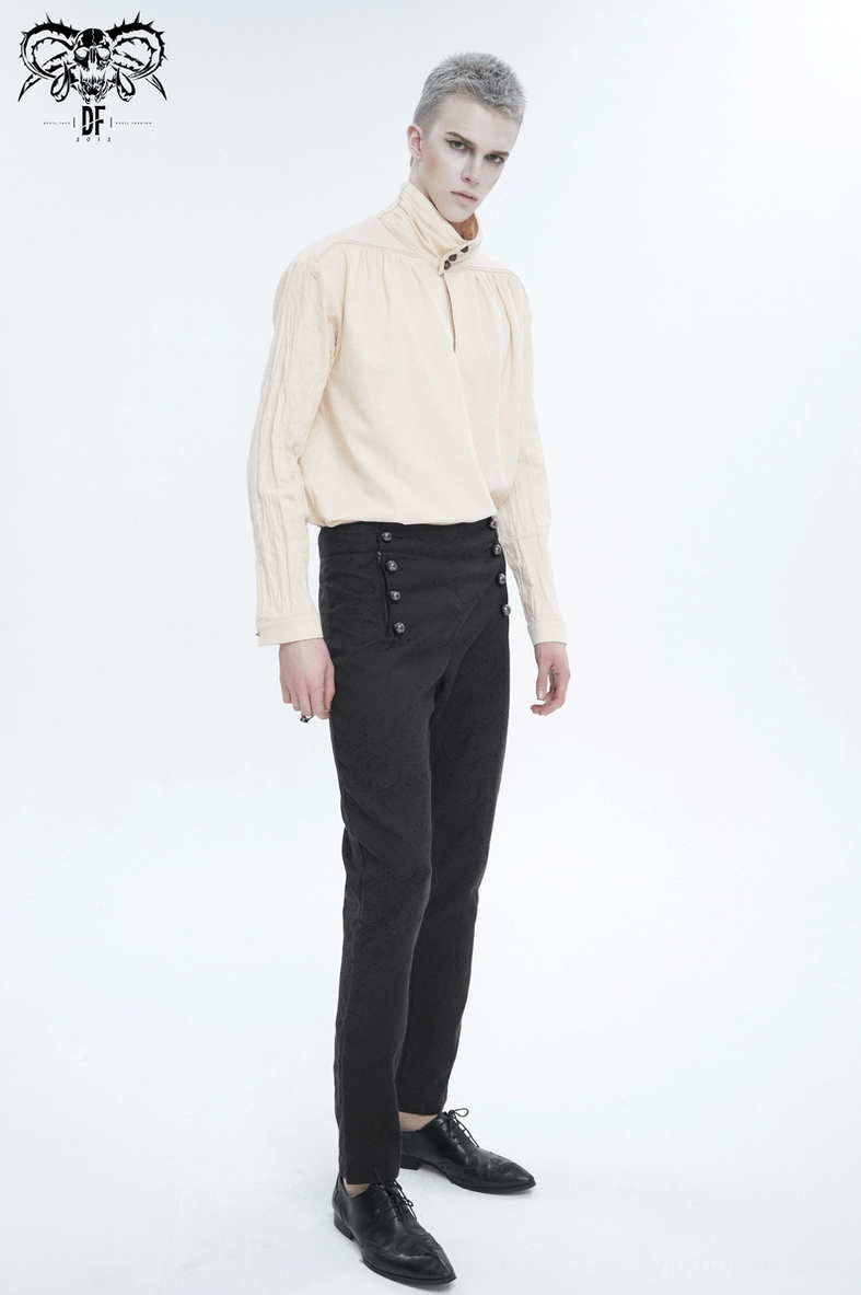Vintage stand collar cotton shirt on model, showing how the beige fabric pairs with dark trousers for gothic styling