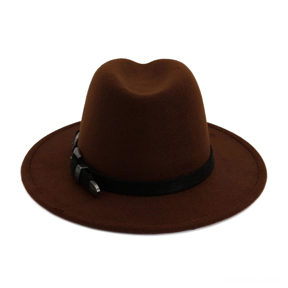 Vintage trilby fedora hat with antique double buckle strap, full product detail view