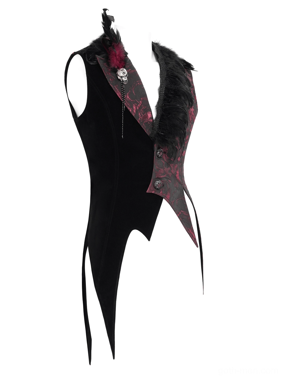 Right side profile view of gothic waistcoat displaying pointed asymmetrical hemline, velvet panel accent, and feather trim