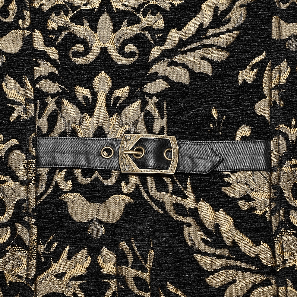 Back belt strap detail of gothic waistcoat showing embossed metal buckle and faux leather construction
