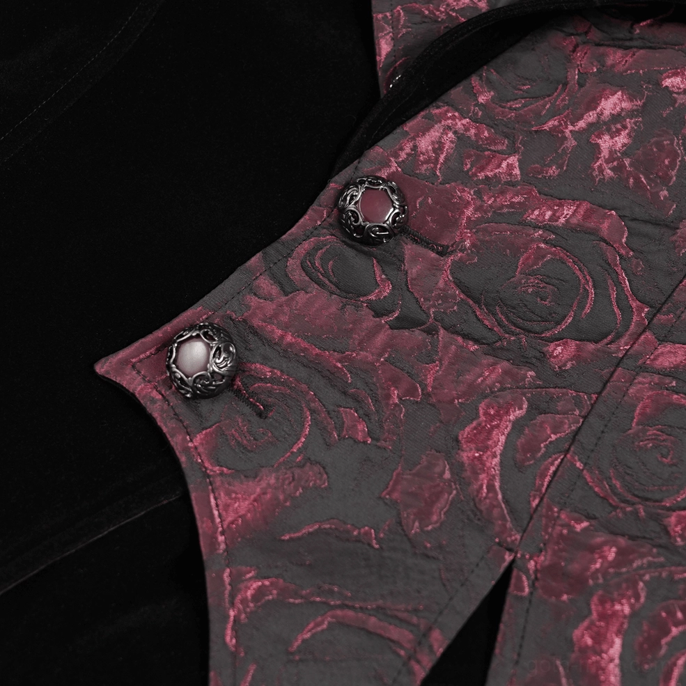 Close-up of feather lapel and jacquard rose pattern on wine red and black gothic waistcoat showing textile craftsmanship
