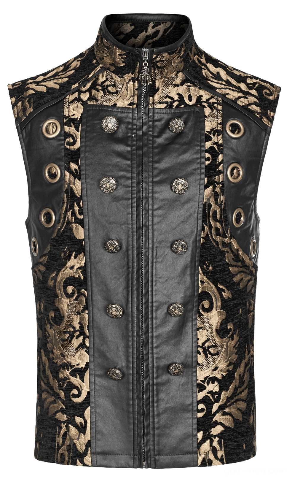 Gothic waistcoat front closure detail showing embossed metal buttons and faux leather trim panel