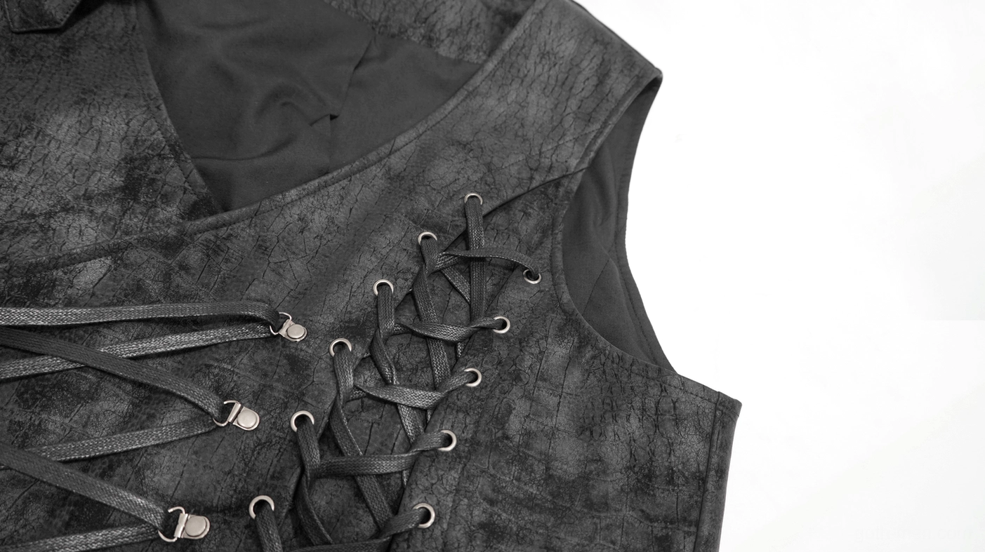 Close-up of black gothic waistcoat front lace-up fastenings showing metal eyelets and distressed leather