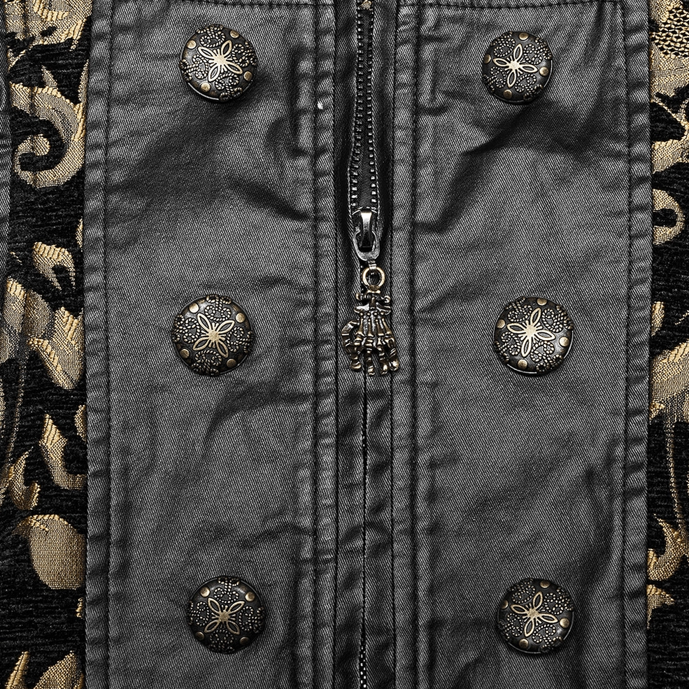 Gothic waistcoat front zipper and button closure detail showing embossed buttons and faux leather panel