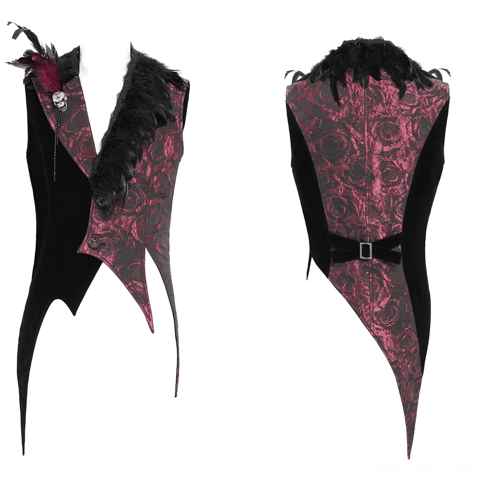Mannequin display of gothic waistcoat featuring feather trim, skull brooch, and asymmetrical pointed hemline, front angle