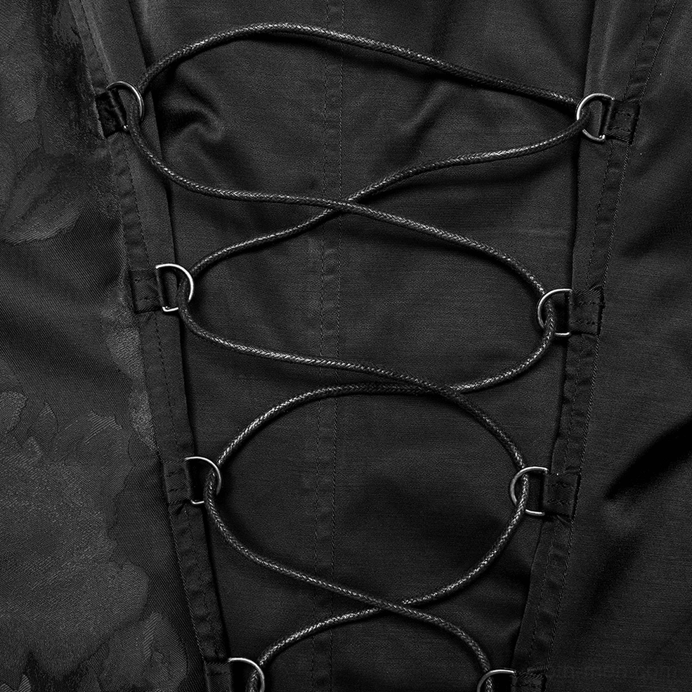 Close-up detail of gothic waistcoat adjustable lace-up back system with bungee cord and metal eyelet fasteners