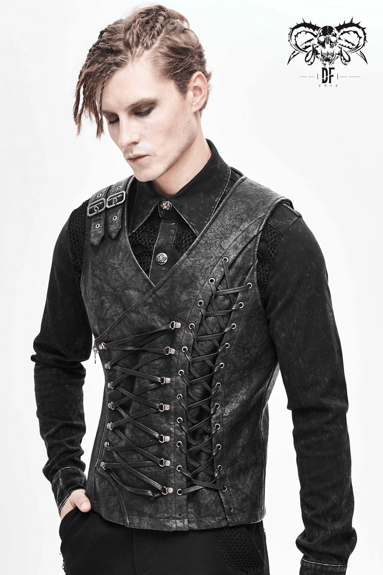 Black asymmetric leather waistcoat material composition showing synthetic leather and cotton blend