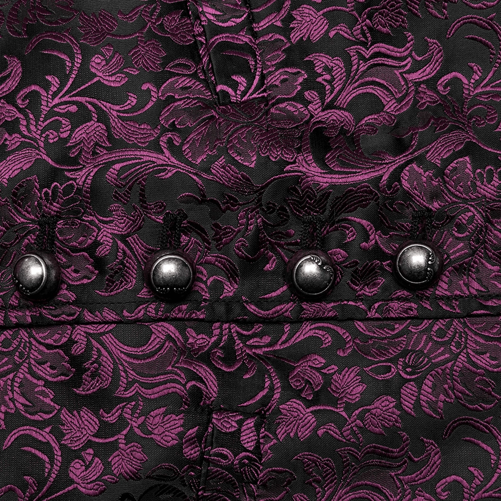 Detailed view of vintage metal buttons and purple black floral jacquard fabric texture