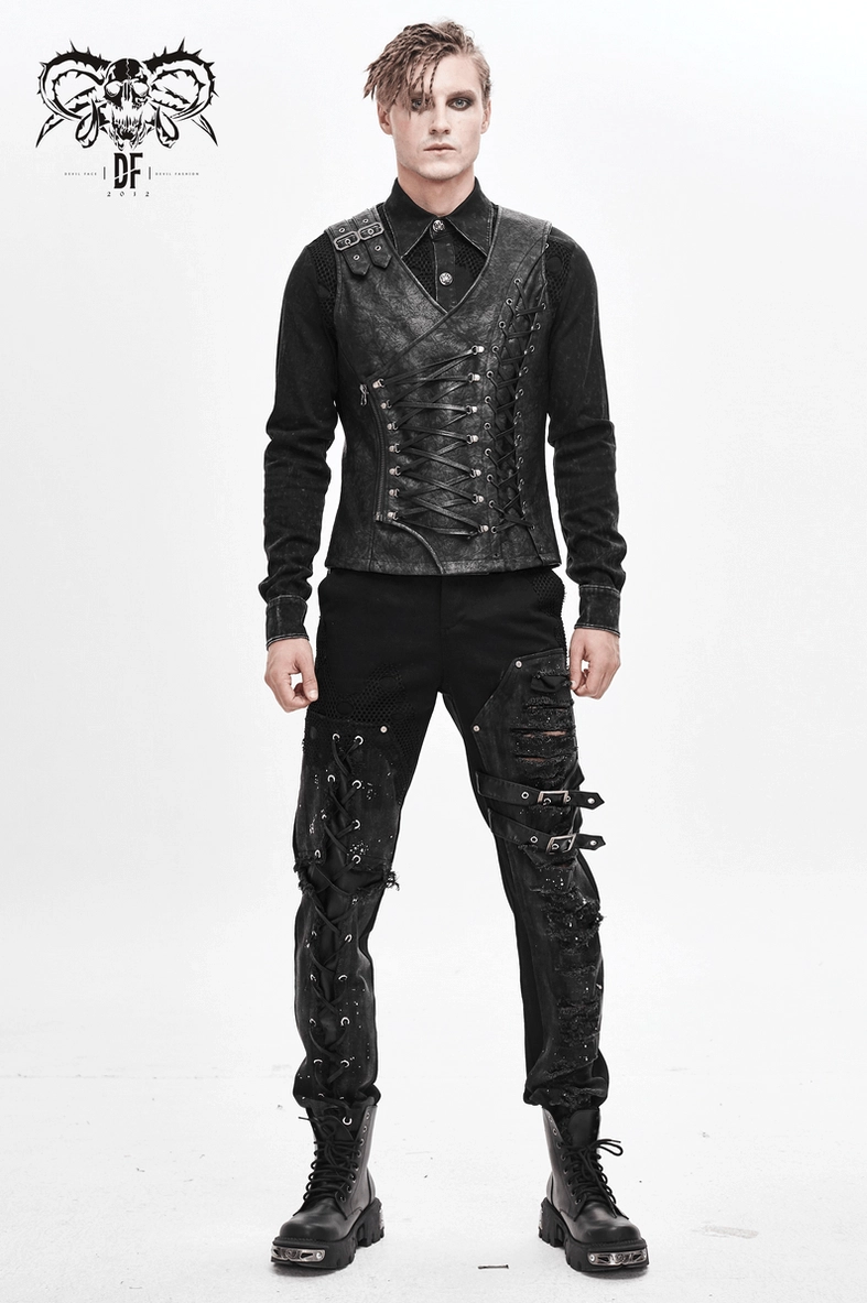 Black gothic leather waistcoat product specifications including style, fit type, and fabric details