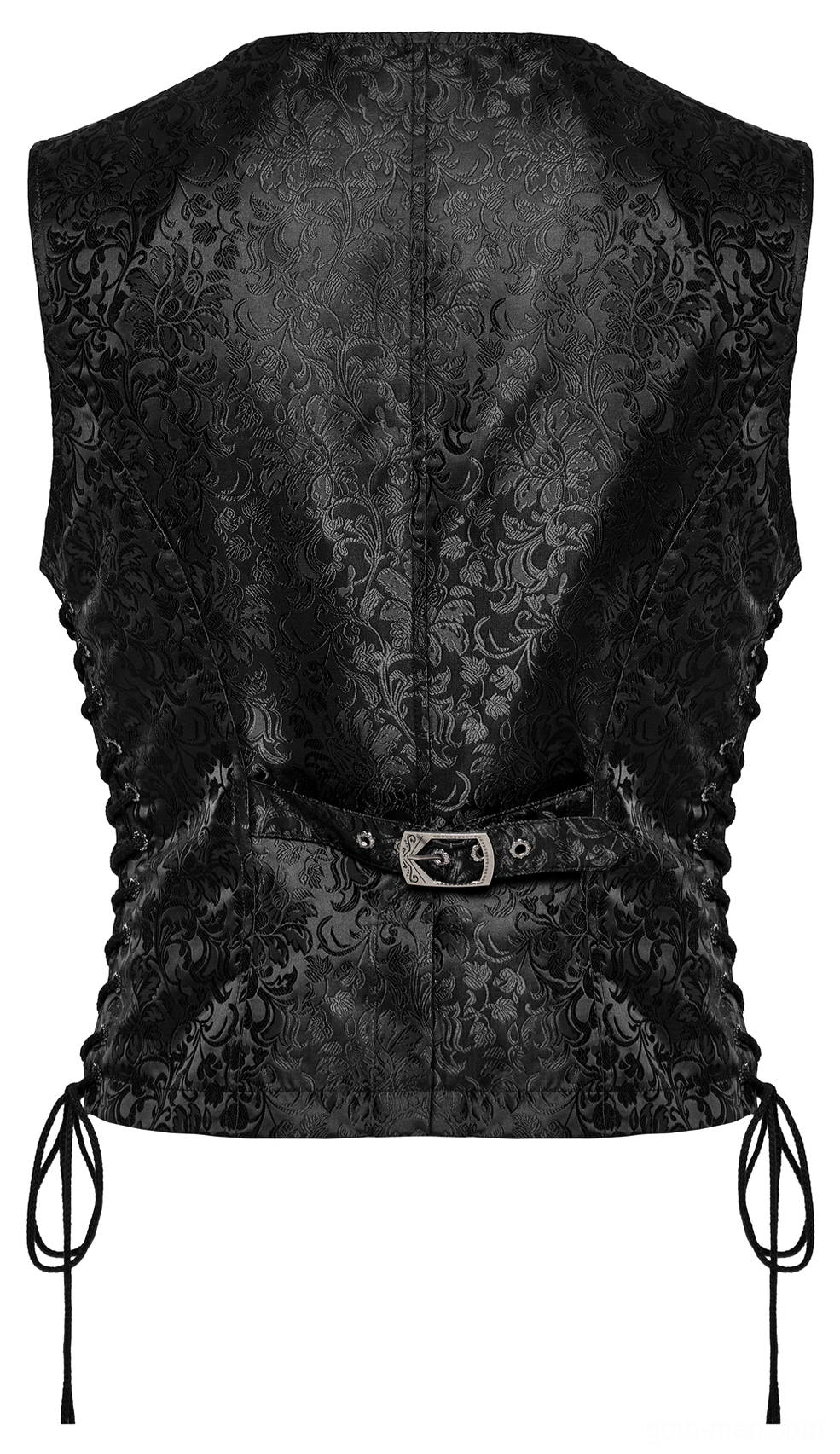 Waistcoat rear view with metal buckle strap adjustment system for gothic menswear