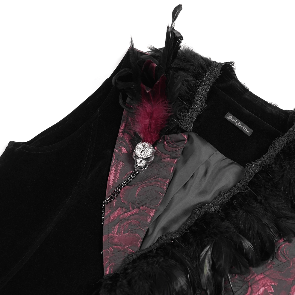 Upper body detail of gothic waistcoat showing feather trim, rose jacquard brocade, and shoulder construction