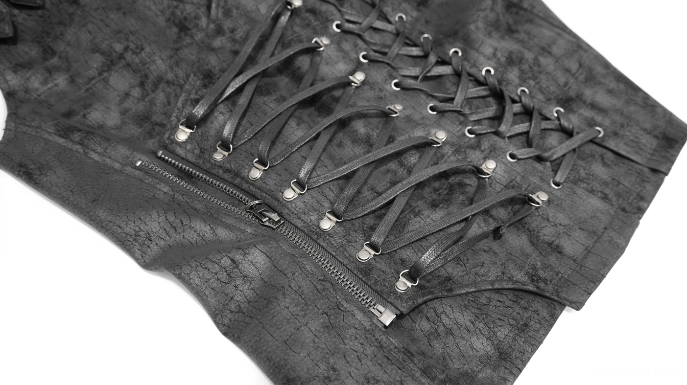 Close-up detail of black waistcoat side zipper with metal eyelets and leather lacing hardware