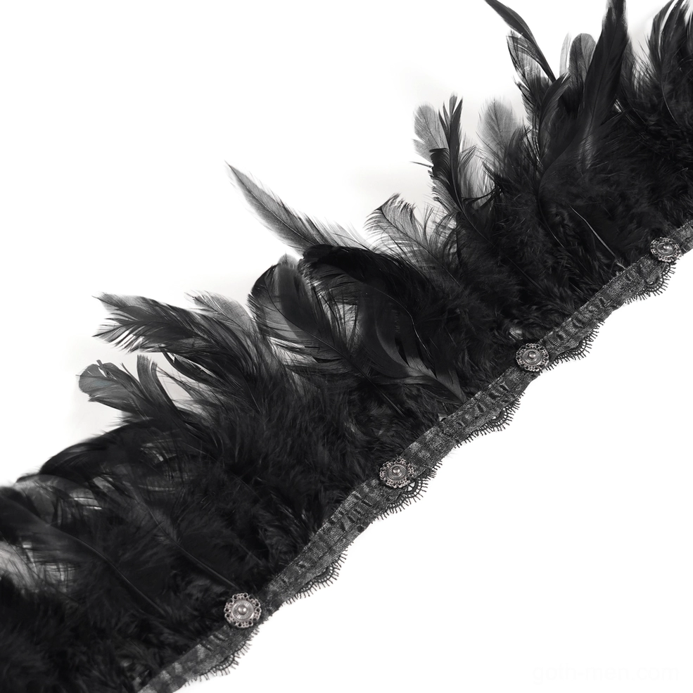 Frontal detailed view of gothic waistcoat highlighting skull brooch, maroon feather element, and embellishment placement