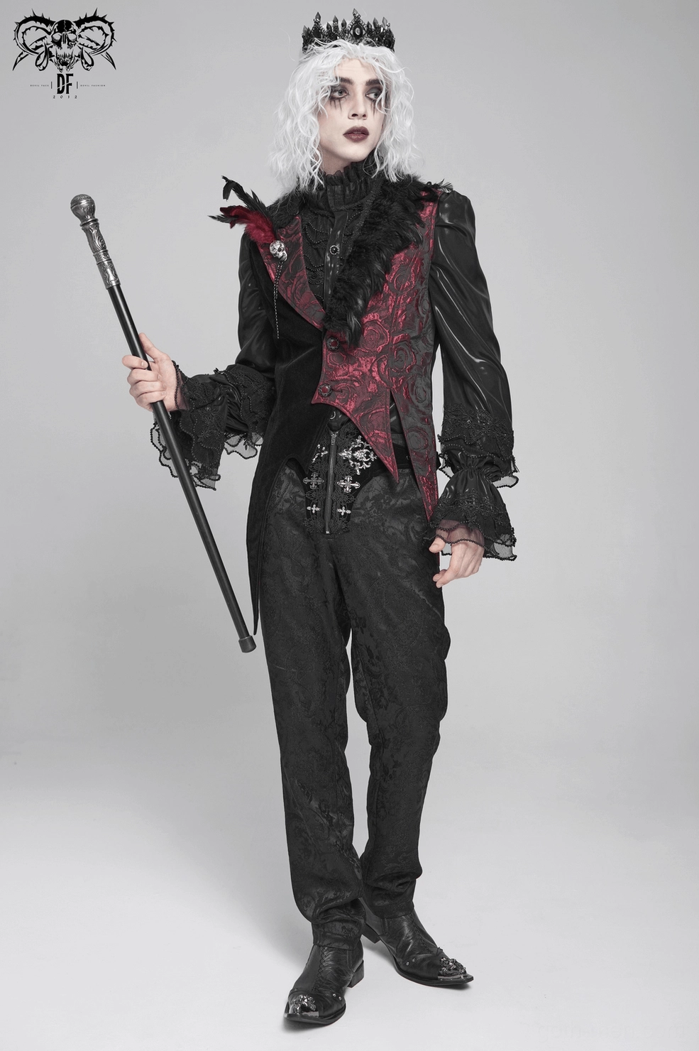 Three-quarter rear view of gothic waistcoat on mannequin displaying back rose pattern and overall silhouette