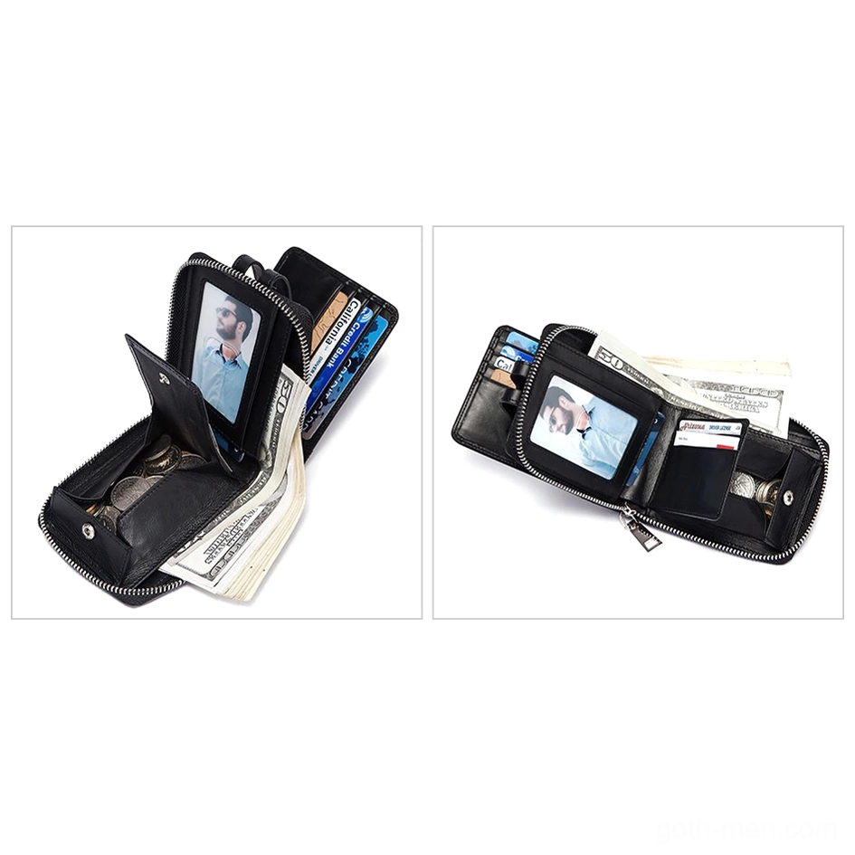 Genuine leather wallet internal storage compartments showing card slots, coin pocket, and zipper pouch