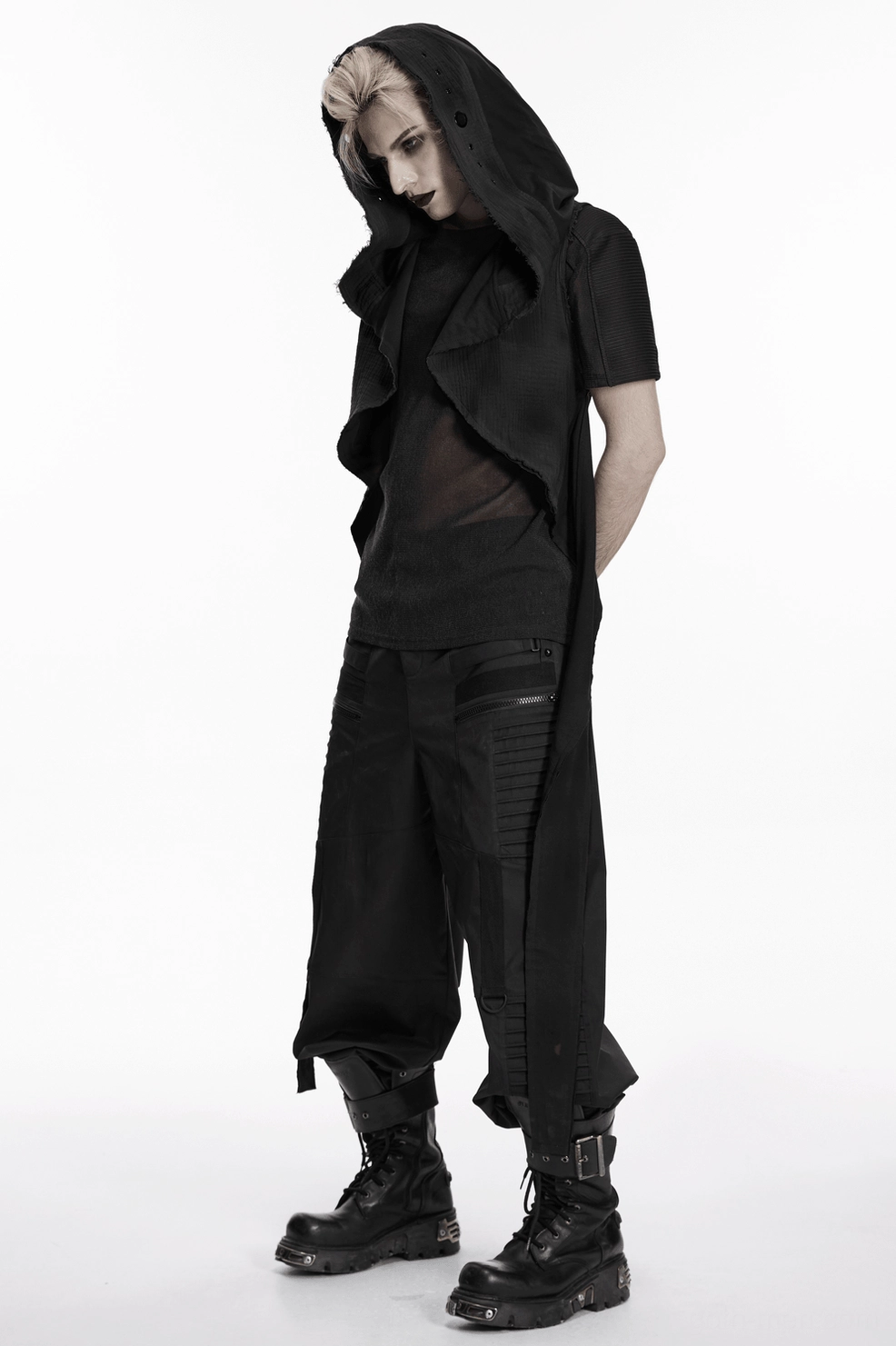 Wasteland black hooded cape vest layered silhouette with frayed edge details