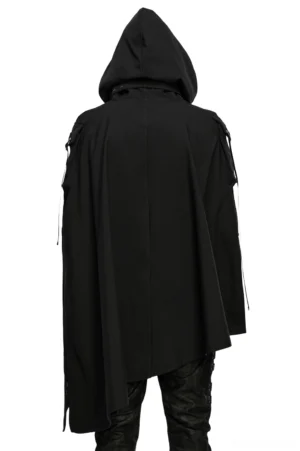 Waterproof gothic wasteland cape back view showing solid matte black fabric, asymmetric hemline, and shoulder strap construction details