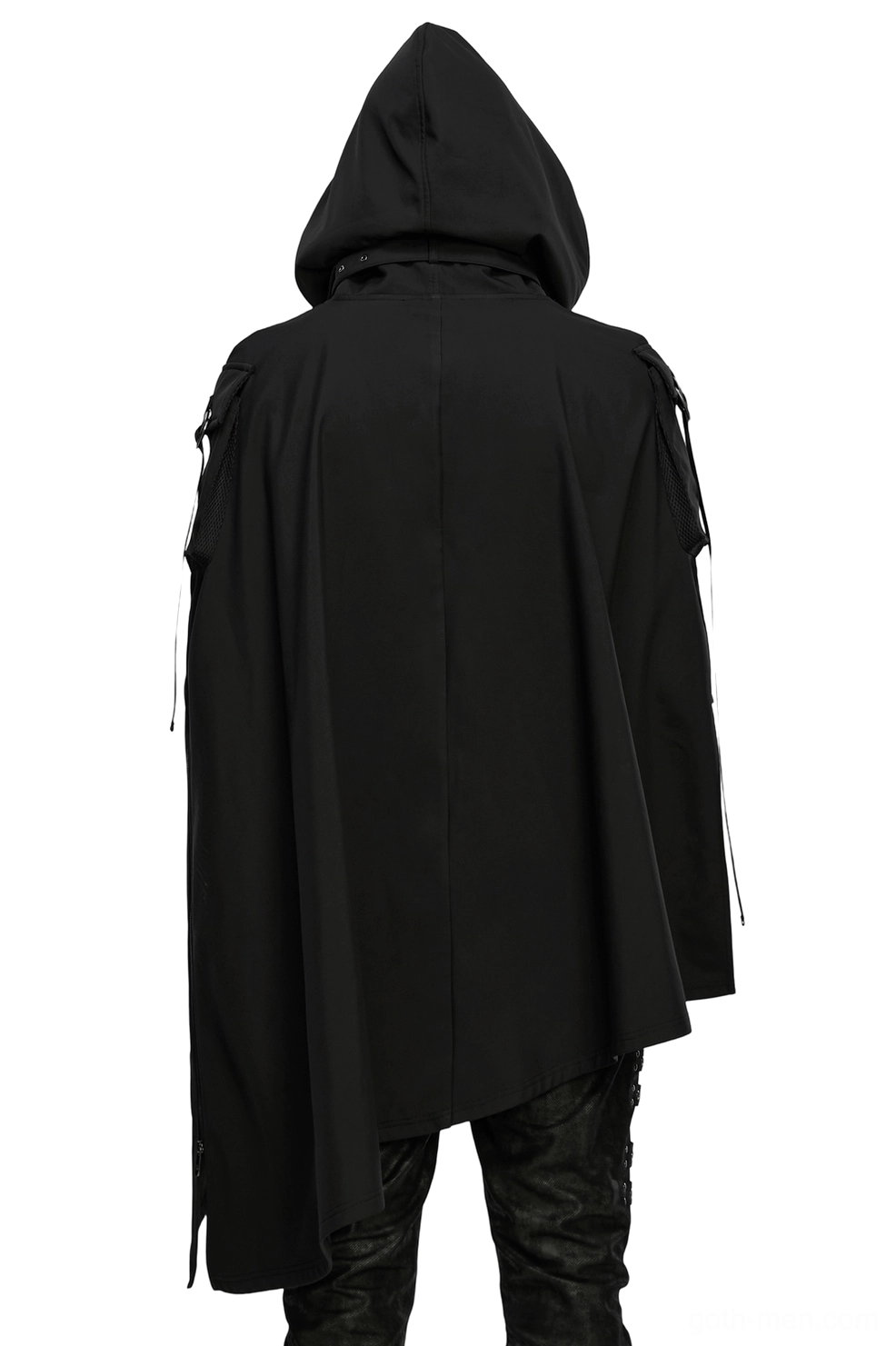 Waterproof gothic wasteland cape back view showing solid matte black fabric, asymmetric hemline, and shoulder strap construction details