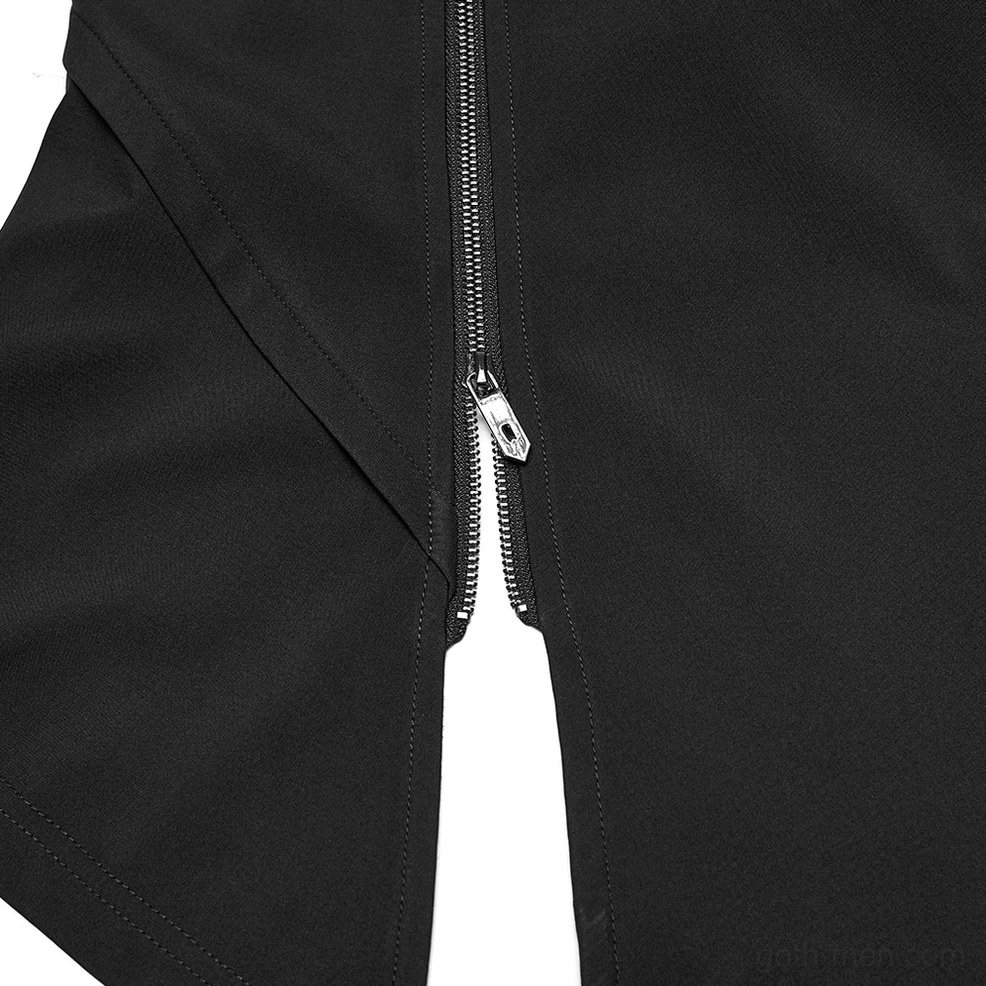 Hooded gothic wasteland techwear cape full product view showing asymmetric silhouette, structural paneling, and dramatic design elements
