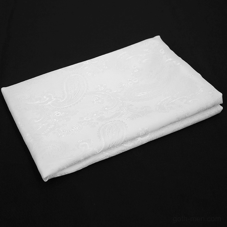 Detailed view white ascot neckwear with ornate crystal brooch and formal suit