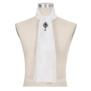 White gothic ascot tie with ornate crystal brooch on dress form mannequin front view