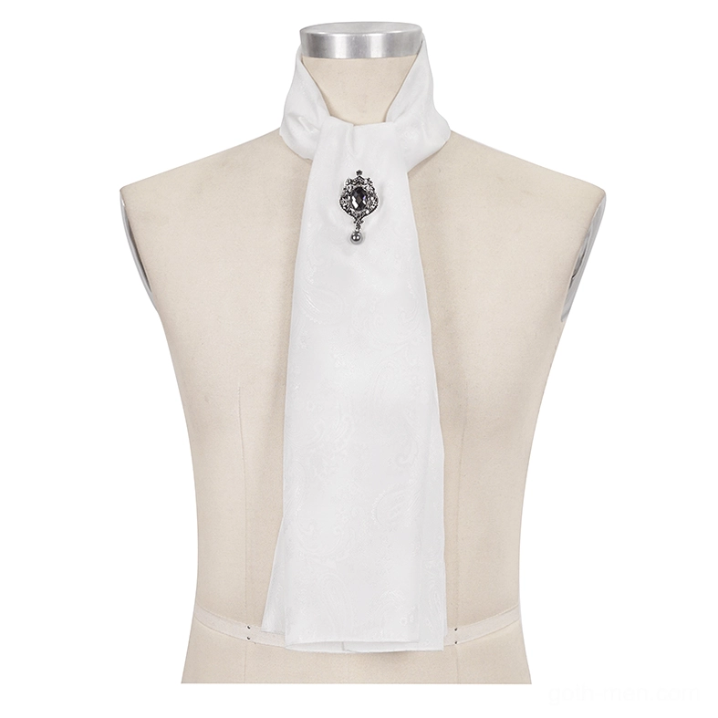 White gothic ascot tie with ornate crystal brooch on dress form mannequin front view
