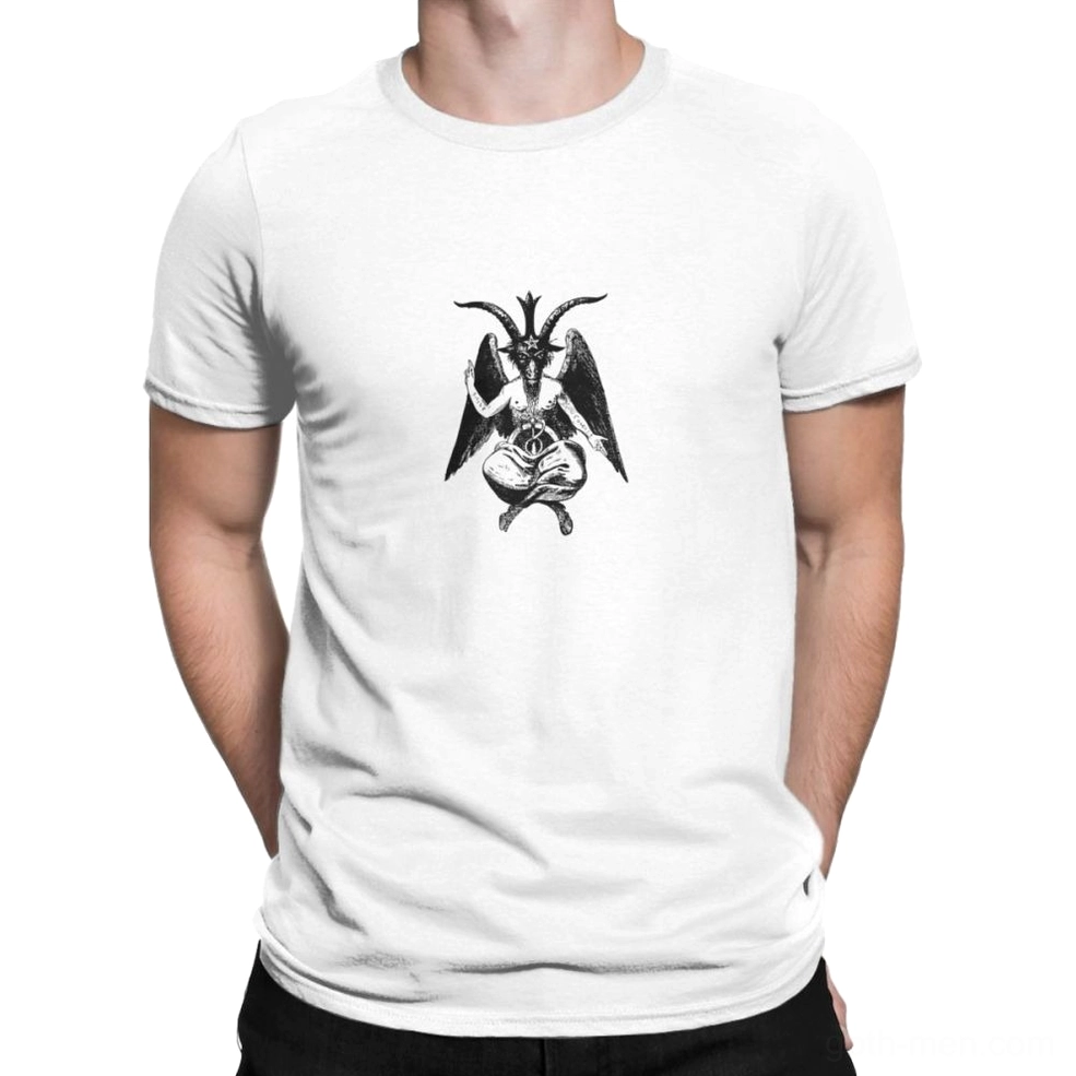 Men's white Baphomet satanic cross gothic t-shirt with small demon graphic, full front view studio