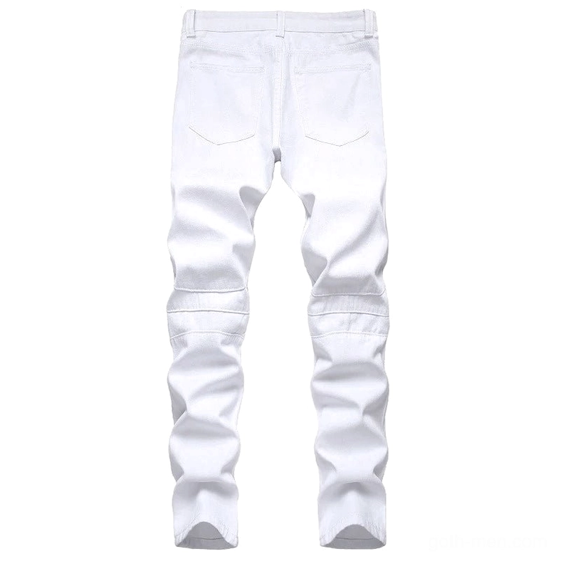 White gothic biker jeans back perspective showing functional pocket design and clean denim finish