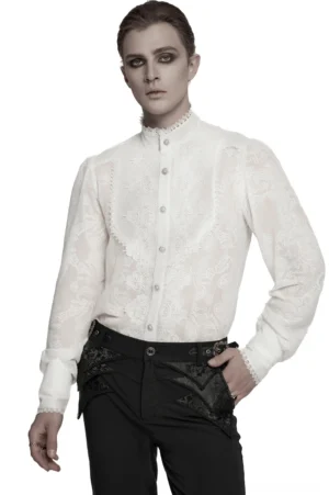White cashew flower embroidered gothic chiffon shirt front view on male model - stand collar with lace detailing and decorative buttons