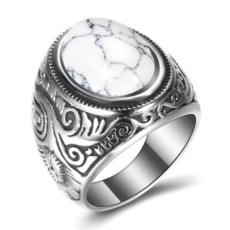 White cracked stone gothic stainless steel ring with vintage engraved scrollwork band, three-quarter top view