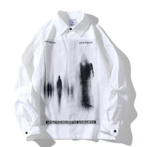 White demon soul oversized gothic shirt front view flat lay with blurred shadow figure print design