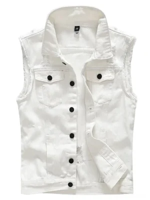White denim gothic vest front view - distressed sleeveless waistcoat with raw frayed edges and button front closure