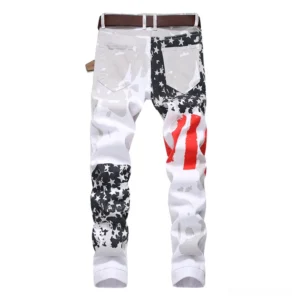 Rear view of white denim jeans with American flag star print on back pockets and lower leg, showing structured silhouette
