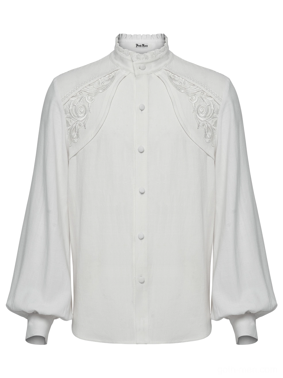 Victorian gothic white shirt flat lay showing central button closure and shoulder embroidery details