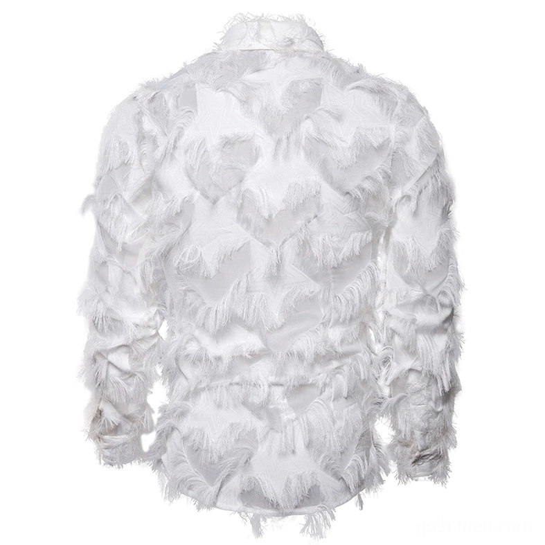 White alternative feather shirt back view showing fluffy frayed fabric detail and curved hemline