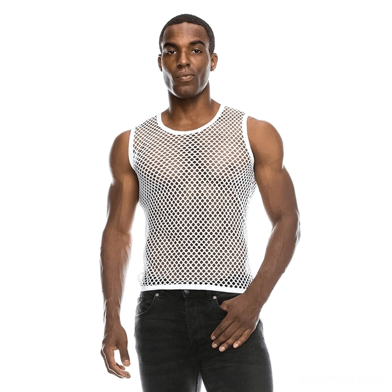 White see-through mesh tank top men's gothic style sleeveless crewneck front full body