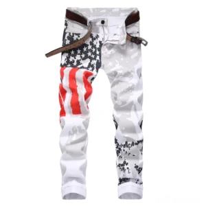 White denim jeans with American flag print front flat lay view, slim fit pencil cut with mid-rise waistband and metal button closure