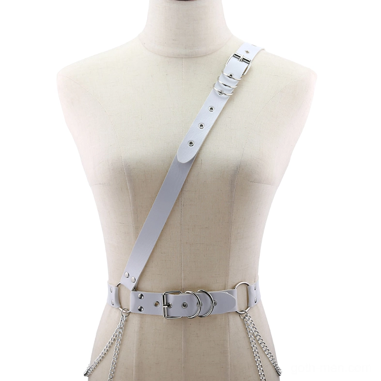 White one-shoulder gothic harness belt featuring silver chain tassels and metal buckle hardware