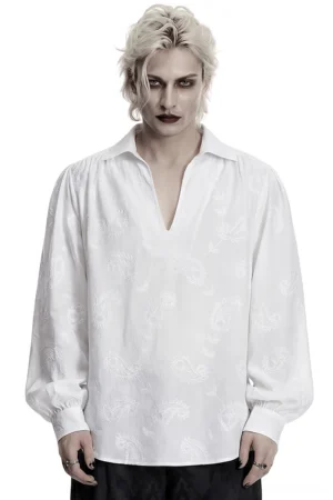 Aristocratic white gothic embroidered loose shirt with puff sleeves - front view on androgynous goth model