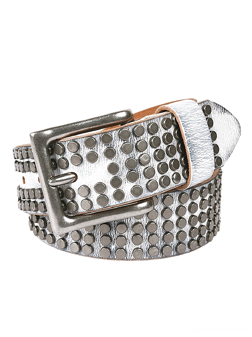 White leather alternative fashion belt with silver buckle and metal studded rivets