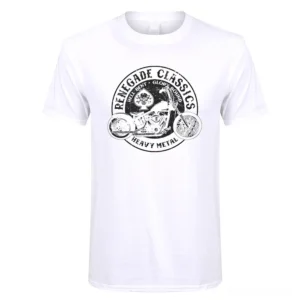 White gothic biker motorcycle graphic t-shirt front view flat lay retro design