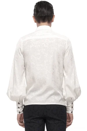 Rear view of white gothic shirt on male model displaying jacquard woven texture, back yoke detail, and tailored cuff buttons in studio setting