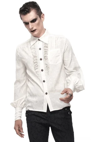 White gothic bishop sleeve shirt with lace ruffle placket worn by male model in front view, showcasing dramatic lantern sleeves and pointed collar against white studio background