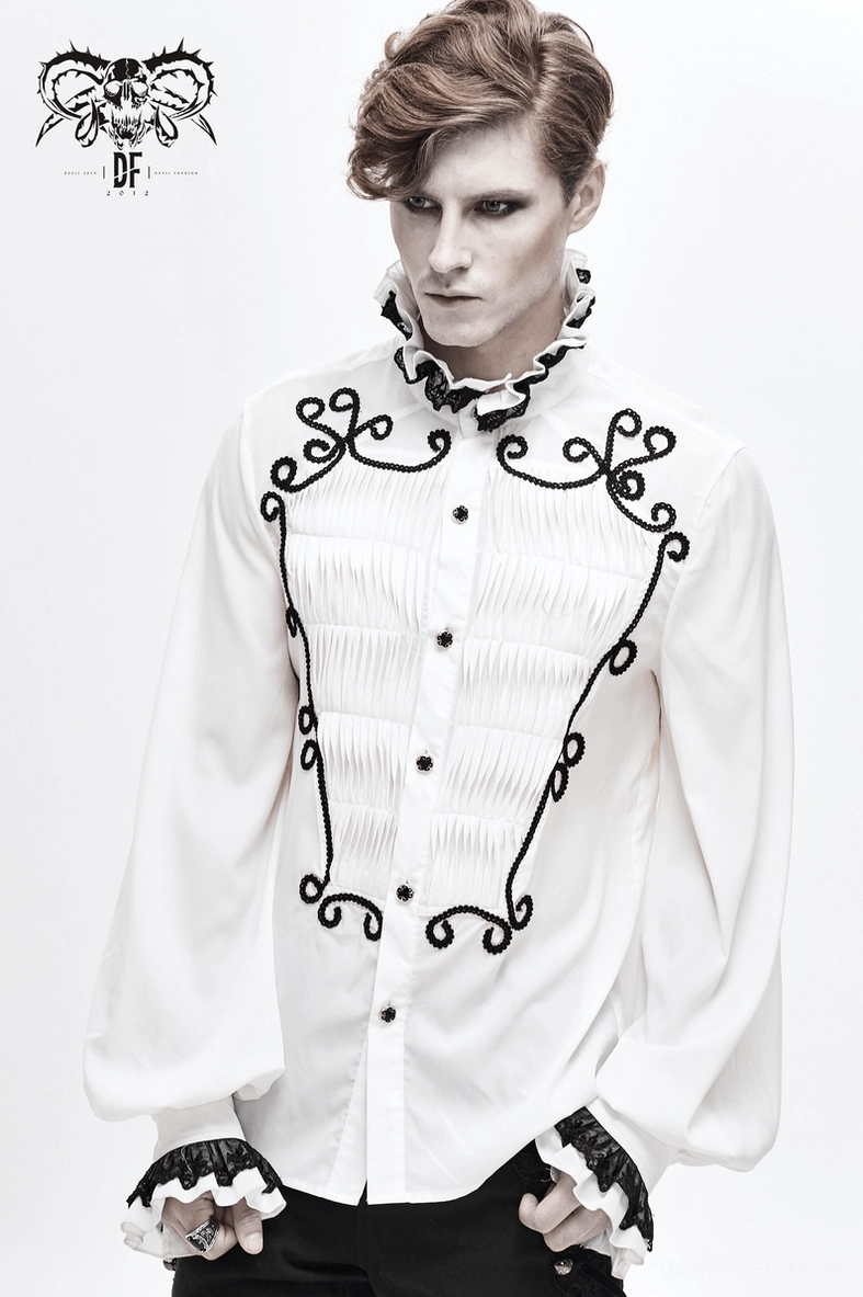 Men's white gothic lace shirt with bishop sleeves and black ornamental cuffs - full product shot