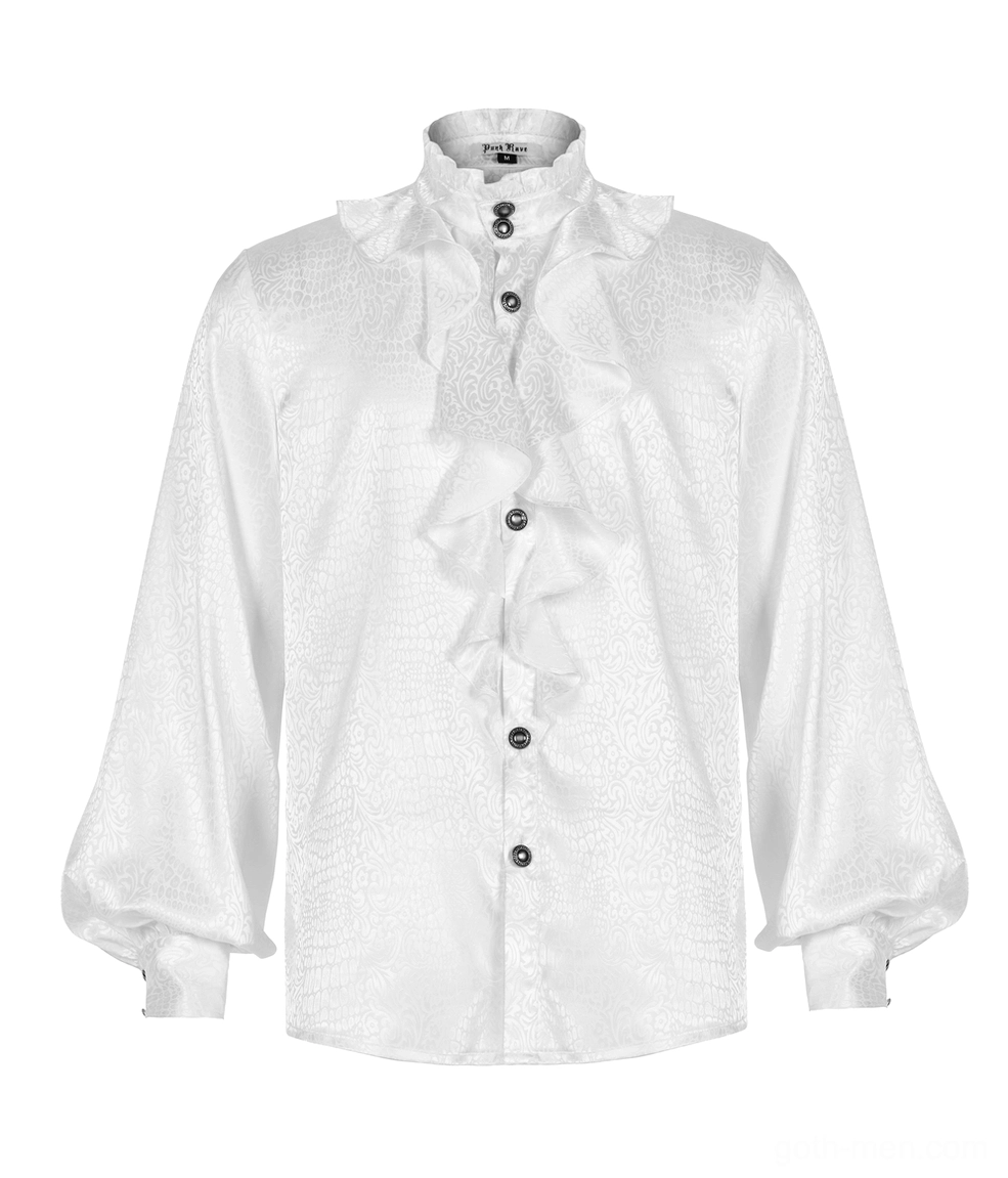 Close-up of white gothic blouse front ruffle placket and damask jacquard pattern detail