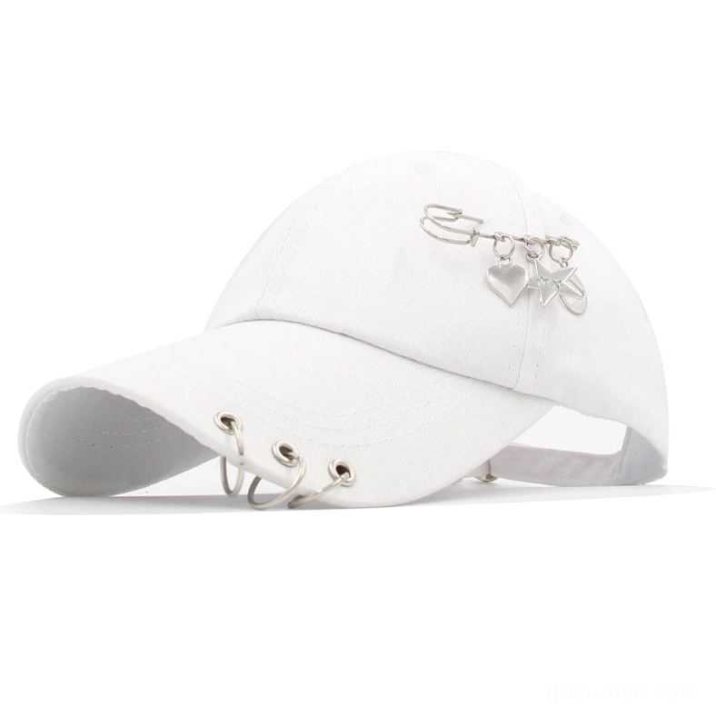 White unisex gothic baseball cap with hanging metal charm decorations