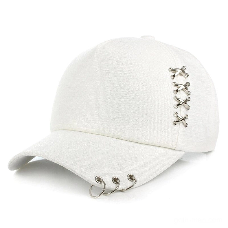 White metal ring gothic baseball cap with cross buckles and matching hardware front view