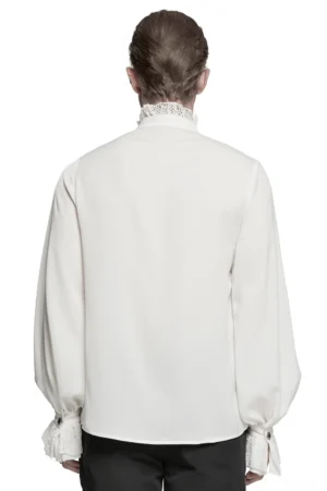 Rear view of white gothic chiffon shirt with lace-trimmed cuffs and lantern sleeves on male model