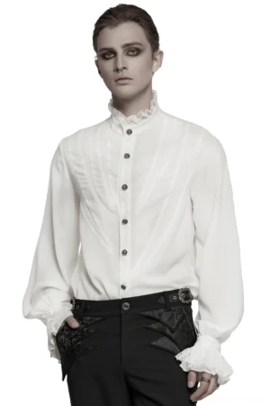 Front view of white gothic chiffon shirt with ruffled lace jabot collar and chevron lace panel segmentation on male model